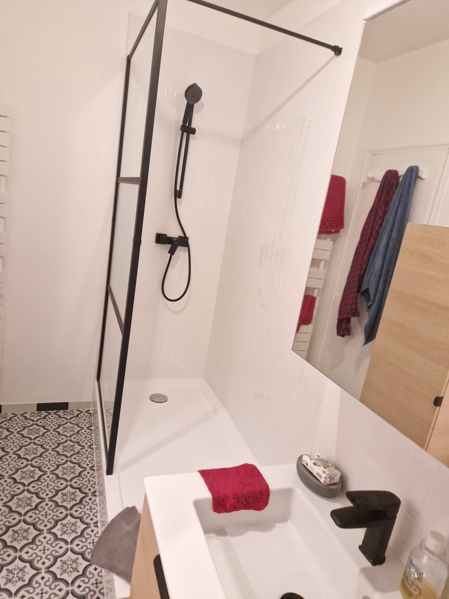 Douche blanche avec paroi et robinetterie noires dans une salle d’eau